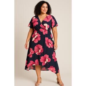 Lane Bryant Floral Faux Wrap Midi Dress Size 14 Navy Pink Asymmetrical Hem